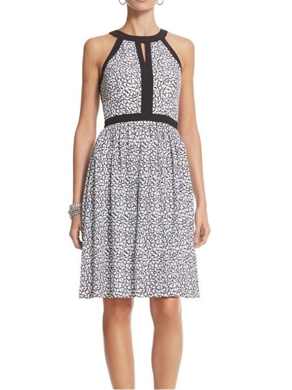 White House Black Market Black & White Printed Halter Fit and Flare Midi Sz 6